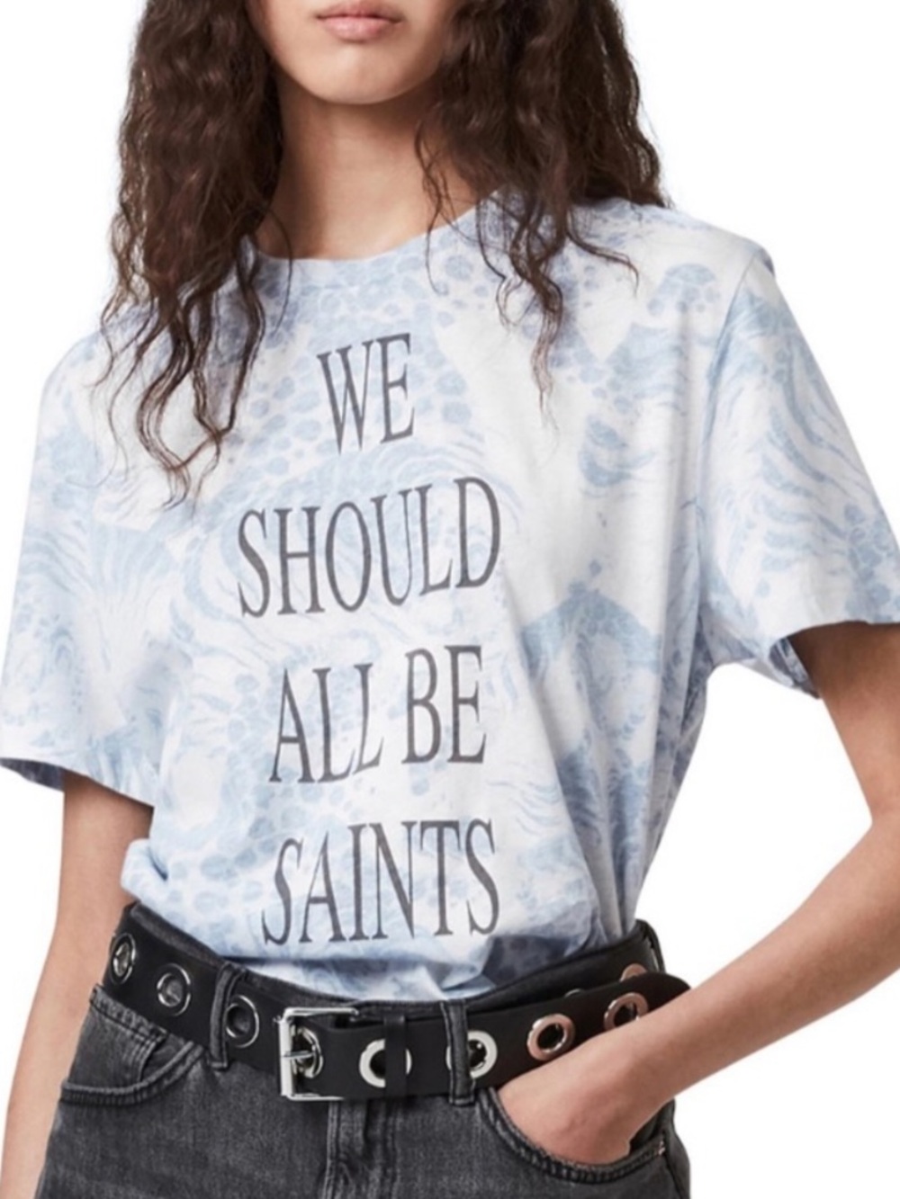 All Saints Reverse Boyfriend Tee - We Should All Be Saints Blue Top Medium